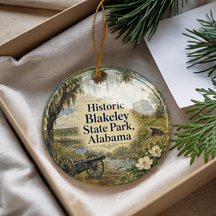 A decorative ornament with a scenic image of Blakeley State Park, Alabama, featuring a cannon, a river, and a tree.