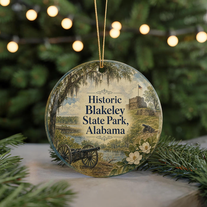 A decorative ornament featuring a scenic image of Historic Blakeley State Park in Alabama, with a cannon and a river in the background.