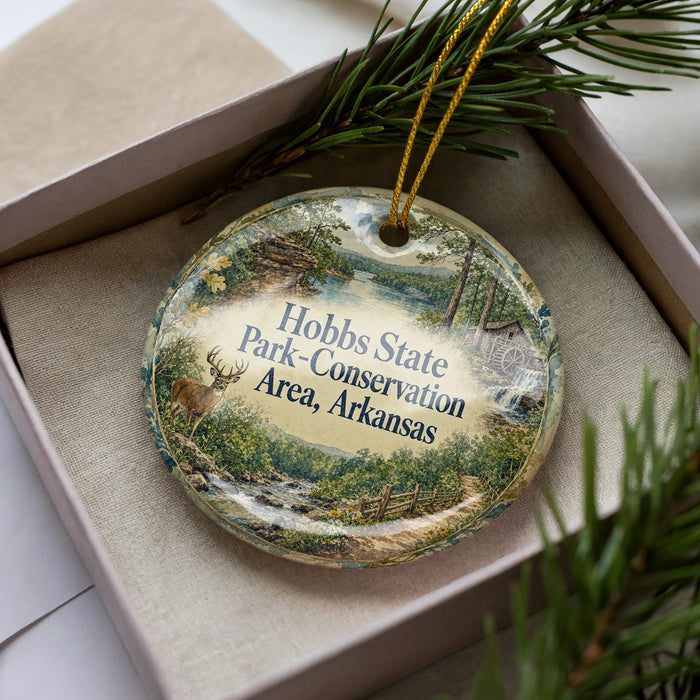 A decorative ornament in a box, featuring a scenic landscape with a deer, trees, and a waterfall.