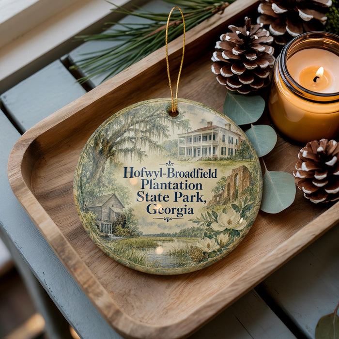 A decorative ornament featuring a house and greenery, placed on a wooden tray alongside pine cones and a lit candle.