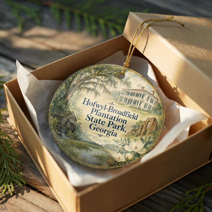 A decorative ornament in a box, featuring a painting of a historic plantation house and surrounded by greenery.