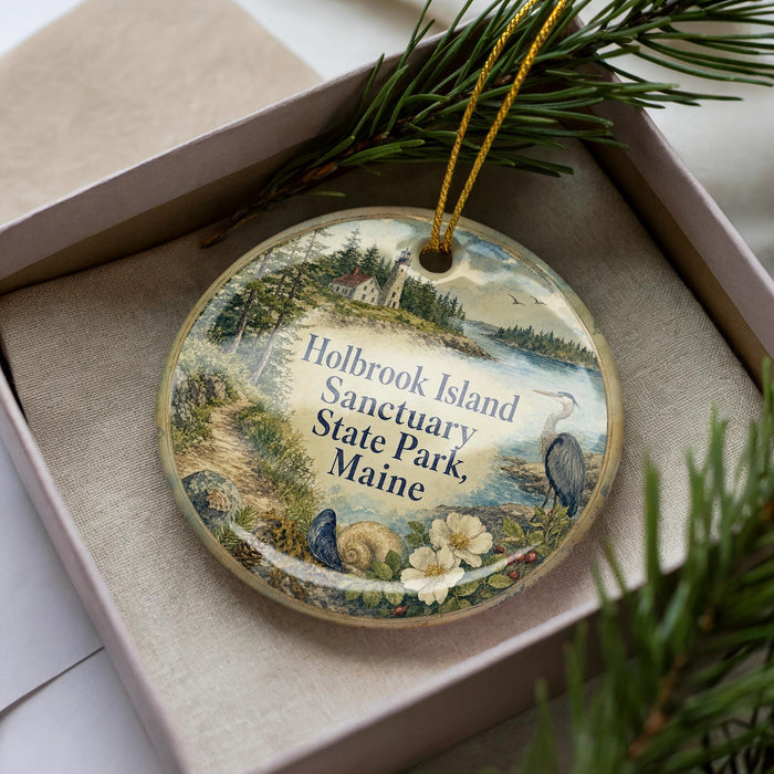 A round ornament with a scenic landscape of Holbrook Island, Maine, featuring a bird, flowers, and a path.