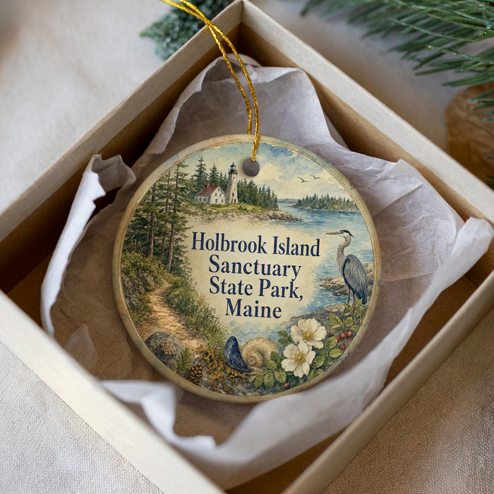 A round ornament with a lighthouse and a bird, placed in a box with a white tissue paper lining.