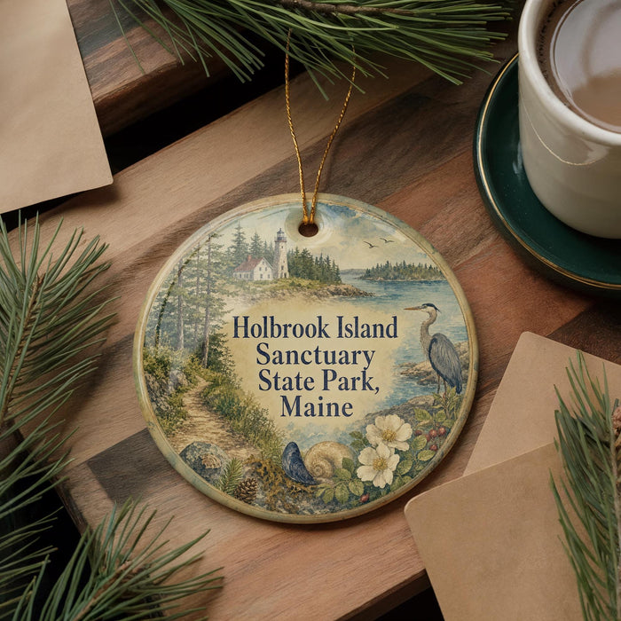 A round ornament with a scenic illustration of Holbrook Island, Maine, featuring a lighthouse, pine trees, and a body of water.