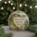 A round ornament with a scenic image of Holbrook Island, Maine, featuring a lighthouse, a bird, and a path through the woods.