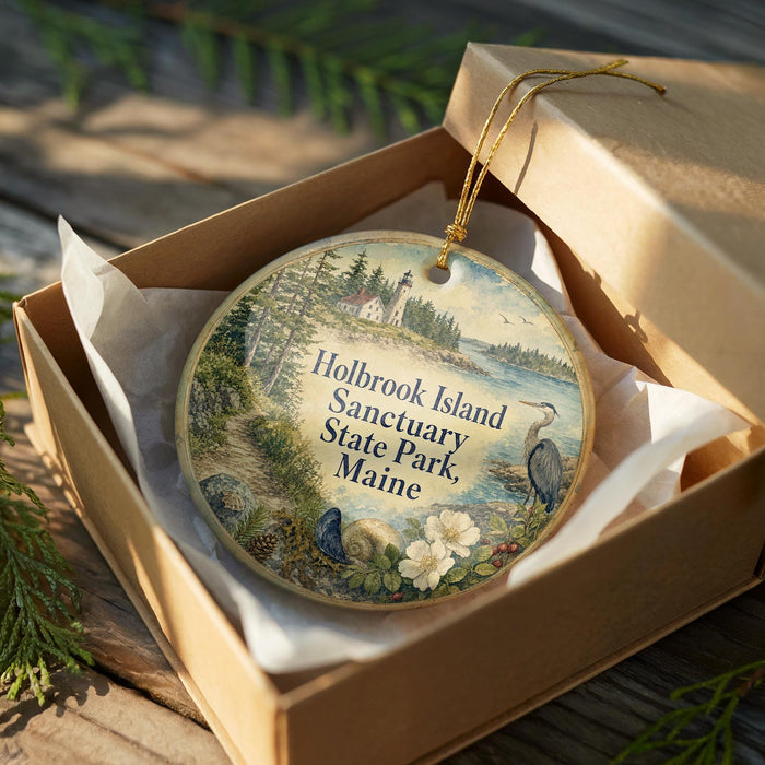 A round ornament in a box, featuring a scenic landscape with a lighthouse, trees, and a body of water.