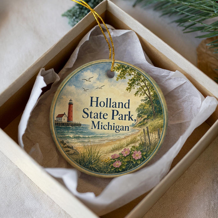 A round ornament with a lighthouse and beach scene, placed in a box with a white tissue paper lining.