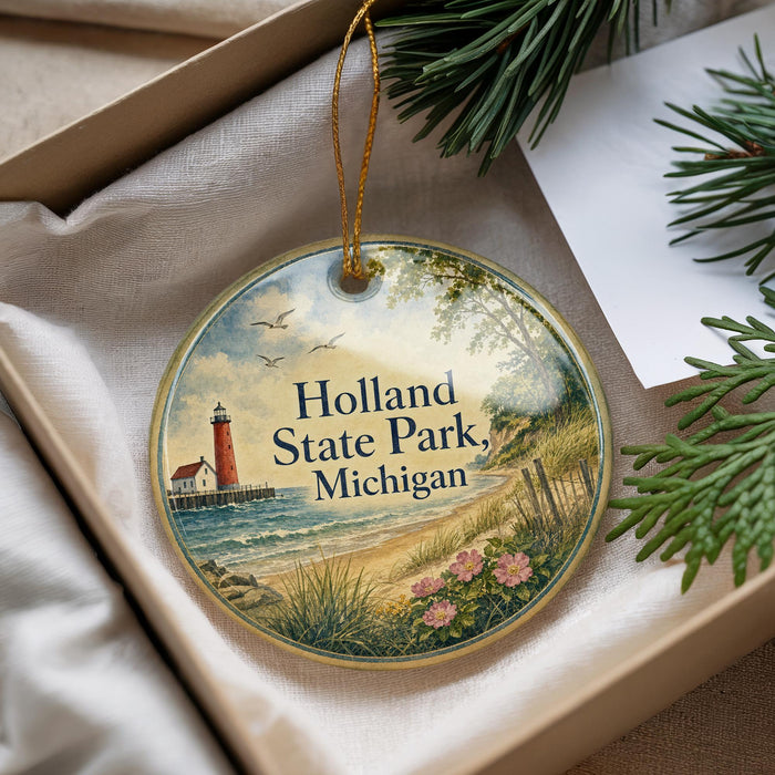A round ornament with a lighthouse and a beach scene, featuring the text "Holland State Park, Michigan".