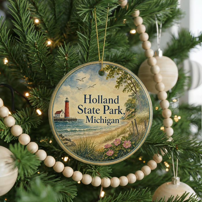 A round ornament hanging on a Christmas tree, featuring a lighthouse and a beach scene.