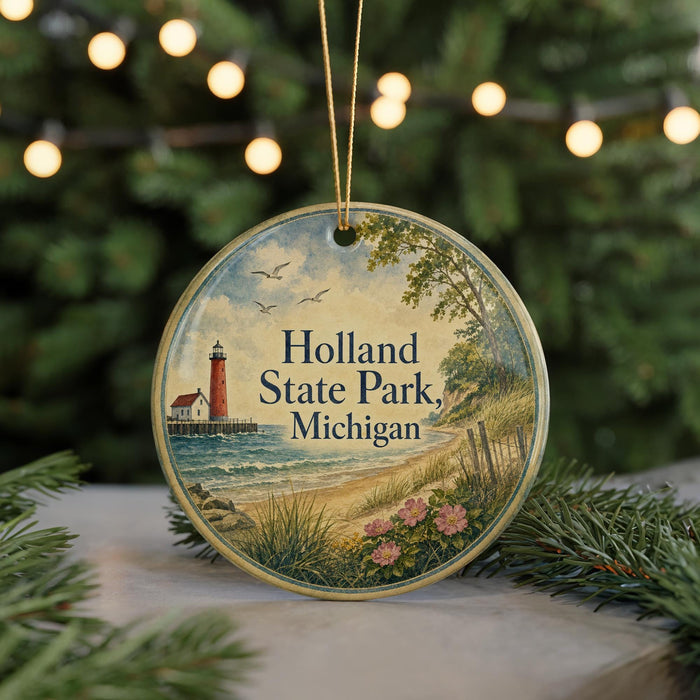 A round ornament with a lighthouse and a beach scene, featuring the text "Holland State Park, Michigan".