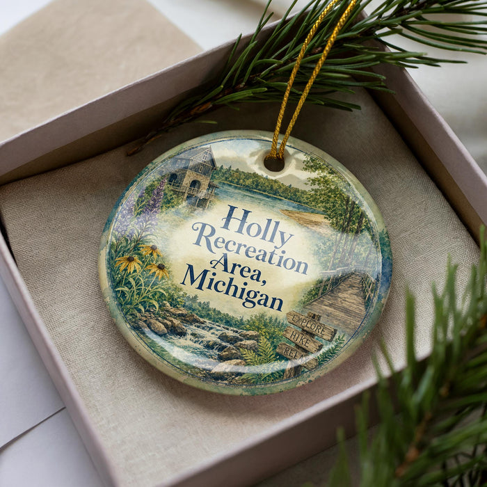 A decorative ornament in a box, featuring a scenic landscape with a lake, mountains, and a cabin.