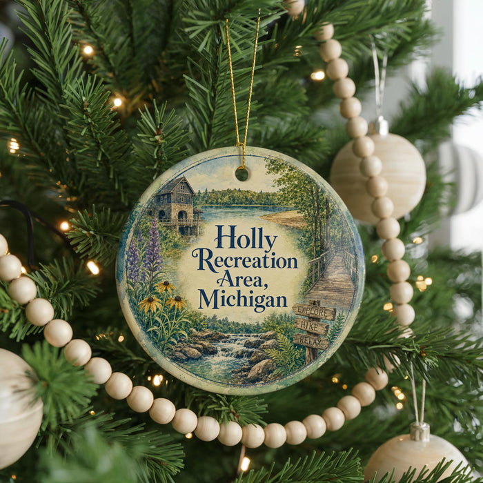 A round ornament hanging on a Christmas tree, featuring a scenic illustration of a lake, mountains, and a cabin.