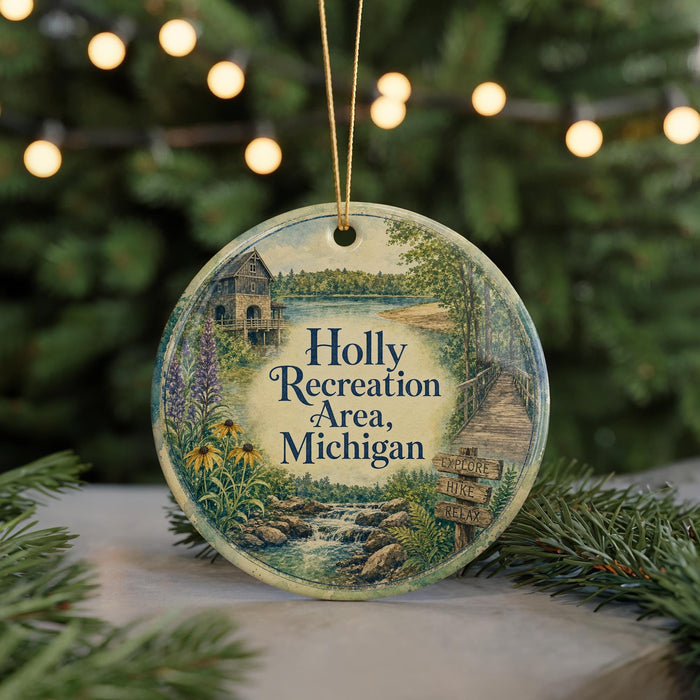 A round ornament with a scenic illustration of a lake, trees, and a bridge, surrounded by greenery and a sign that reads "Holly Recreation Area, Michigan".