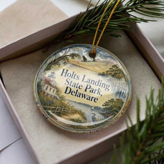 A decorative ornament in a box, featuring a scenic landscape with a lighthouse, trees, and a body of water.