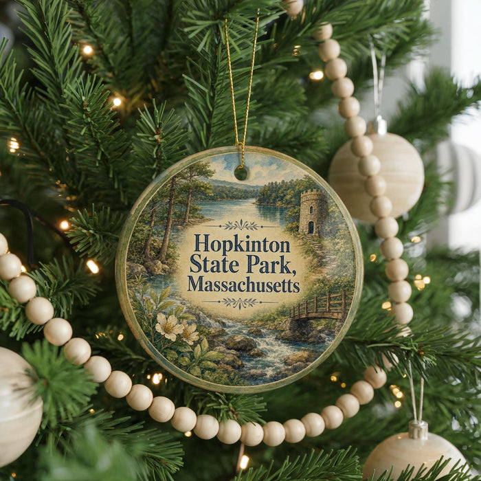 A round ornament hanging on a Christmas tree, featuring a scenic image of Hopkinton State Park in Massachusetts.