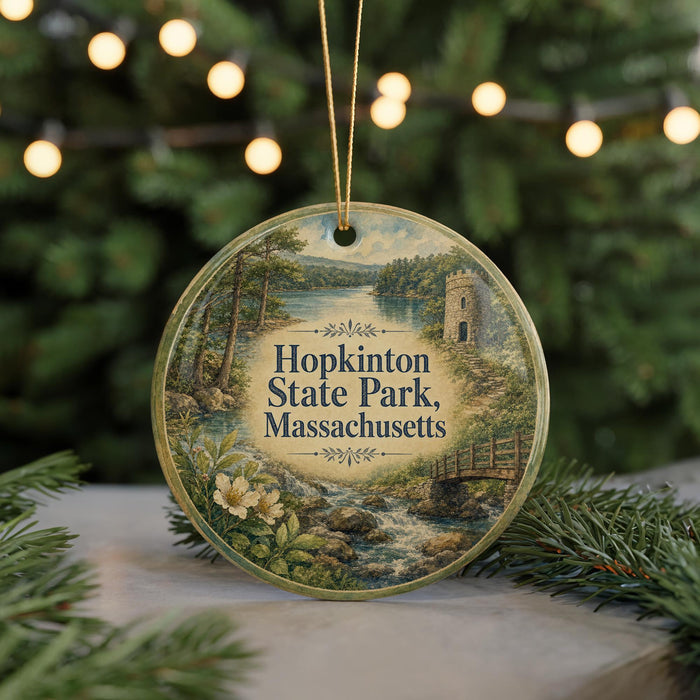 A circular ornament with a painting of Hopkinton State Park, Massachusetts, hanging on a string.