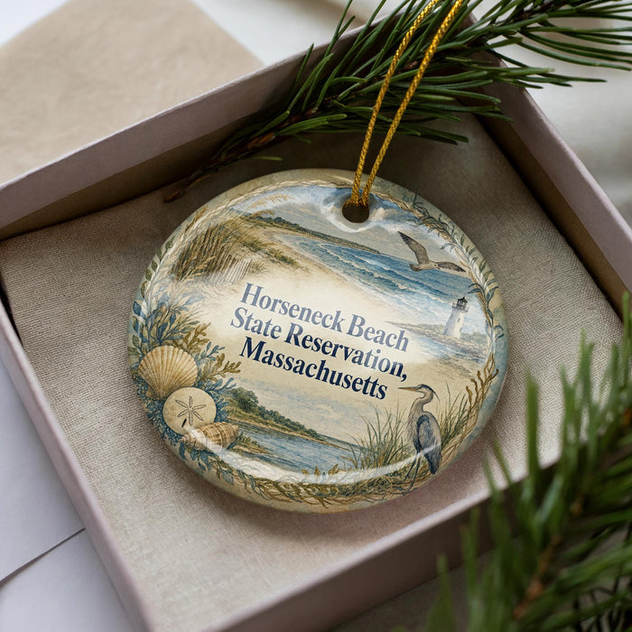 A decorative ornament in a box, featuring a scenic landscape with a lighthouse, seagulls, and seashells.