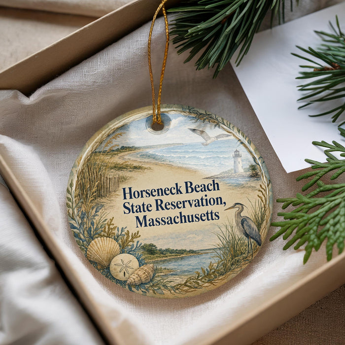 A decorative ornament in a box, featuring a beach scene with a lighthouse, seagull, and other natural elements.