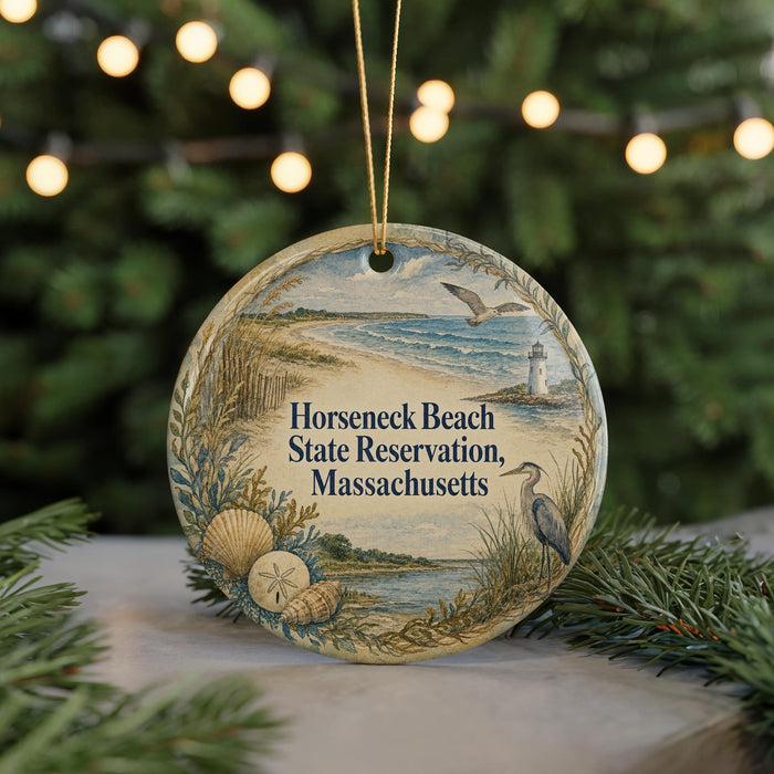 A round ornament with a beach scene and lighthouse, featuring text that reads "Horseneck Beach State Reserve, Massachusetts".