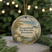 A round ornament with a beach scene and lighthouse, featuring text that reads "Horseneck Beach State Reserve, Massachusetts".