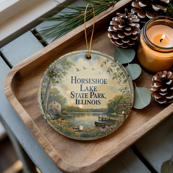 A wooden tray with a decorative ornament featuring a scenic image of Horseshoe Lake State Park, Illinois, and pine cones.