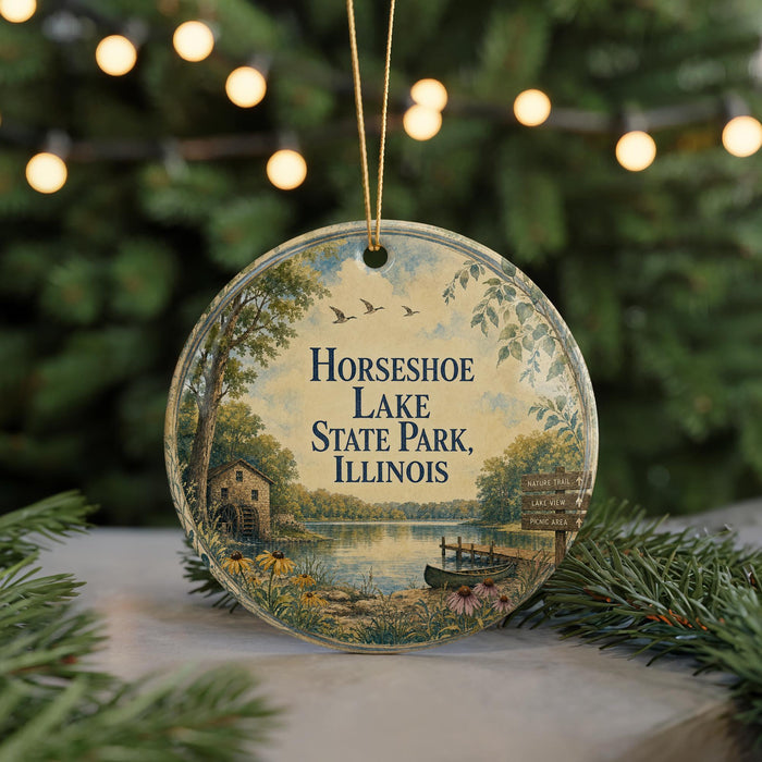 A round ornament with a scenic image of Horseshoe Lake State Park, Illinois, featuring a lake, a house, and a bird in flight.