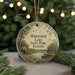 A round ornament with a scenic image of Horseshoe Lake State Park, Illinois, featuring a lake, a house, and a bird in flight.