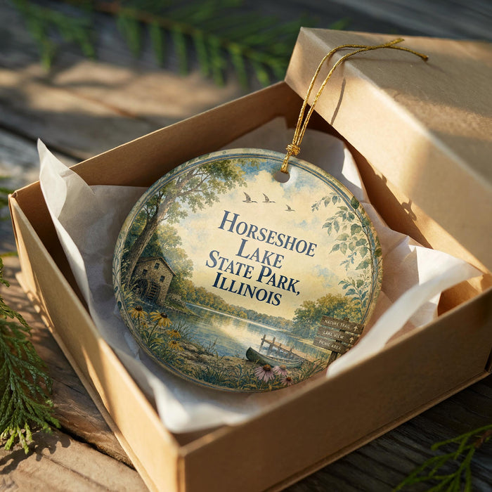 A decorative ornament in a wooden box, featuring a scenic landscape with a lake, trees, and a house, along with the text "Horseshoe Lake State Park Illinois".