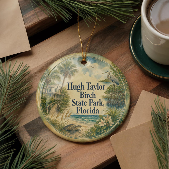 A round ornament with a tropical beach scene and palm trees, featuring the text "Hugh Taylor Birch State Park, Florida" on it, is displayed on a wooden surface alongside a cup of coffee and some pine branches.