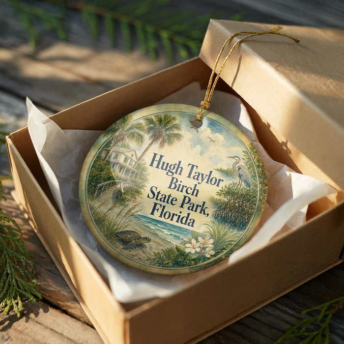 A round ornament in a box, featuring a tropical scene with palm trees, a house, and a bird, is displayed on a wooden surface.
