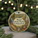 A round ornament with a scenic image of Hurd State Park, Connecticut, featuring a waterfall, a bridge, and a forest.