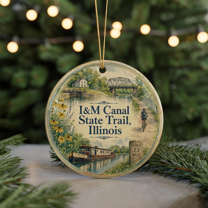 A circular ornament featuring an illustration of the I&M Canal State Trail in Illinois, with a bridge and a person riding a bicycle in the background.