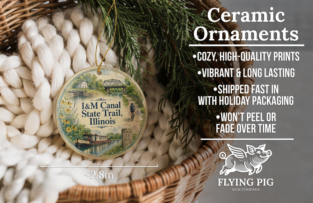 Ceramic ornaments, featuring a detailed image of the I&M Canal State Trail, Illinois, hanging from a wicker basket.
