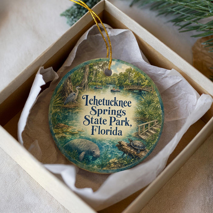 A circular ornament with a painting of a manatee and a bird, surrounded by a natural scene, is displayed in a box.