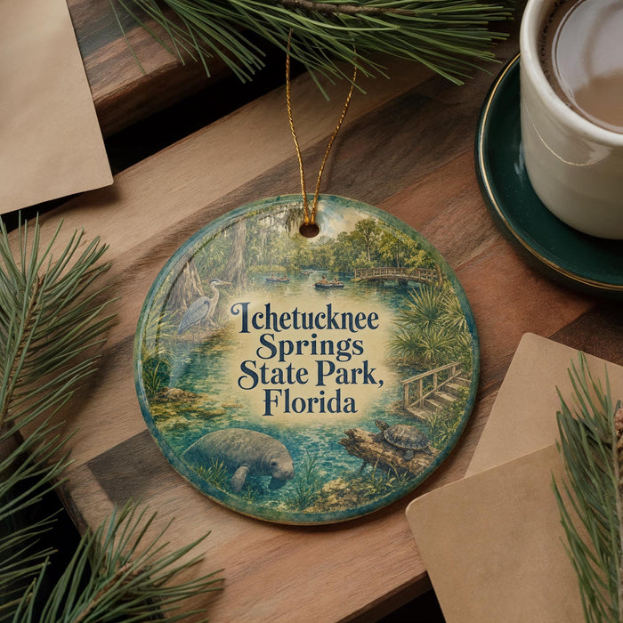 A decorative ornament featuring a scenic image of Ichetucknee Springs State Park, Florida, surrounded by pine branches and a cup of coffee.