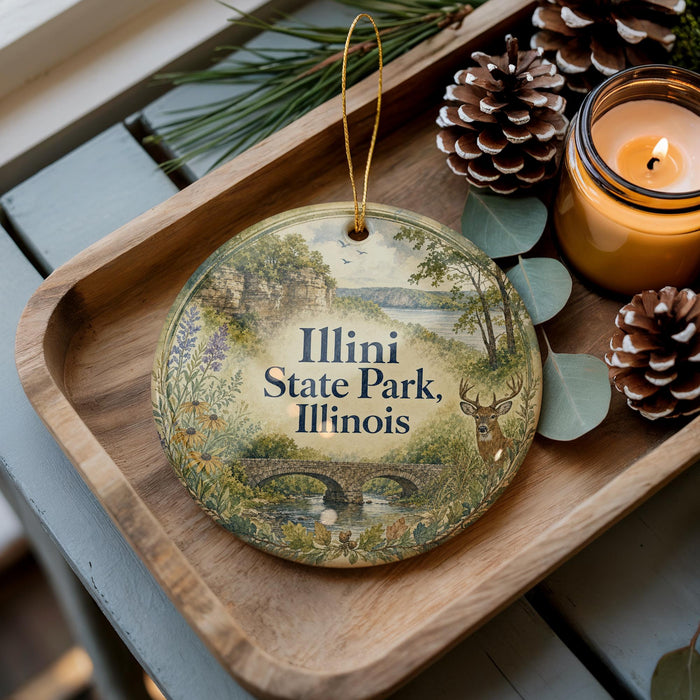 A decorative ornament featuring a scenic image of Illinois State Park, with a candle and pine cones on a wooden tray.