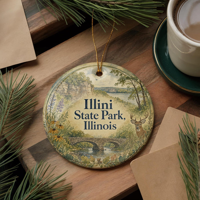 A decorative ornament with a scenic landscape of Illinois State Park, featuring a bridge, trees, and wildlife, is displayed on a wooden surface alongside a cup of coffee and some papers.