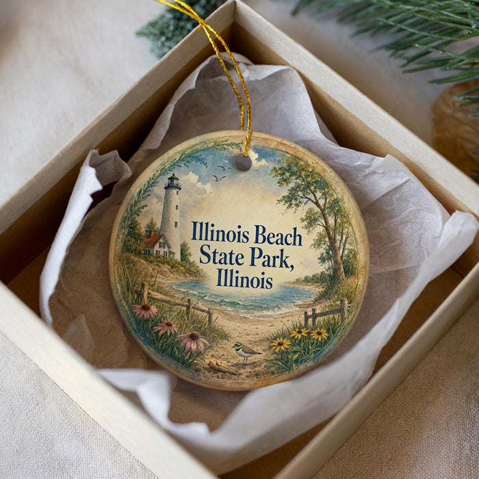 A decorative ornament in a box, featuring a lighthouse and a beach scene with flowers and a bird.