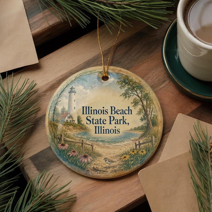 A decorative ornament featuring a lighthouse and a scenic landscape, with the text "Illinois Beach State Park, Illinois" displayed on it. The ornament is placed on a wooden surface, surrounded by pine branches and a cup of coffee.