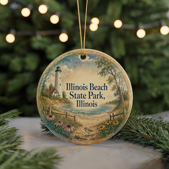 A round ornament with a lighthouse and beach scene, featuring the text "Illinois Beach State Park, Illinois" on it.
