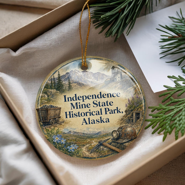 A decorative ornament with a scenic landscape and text, placed in a box with pine branches.
