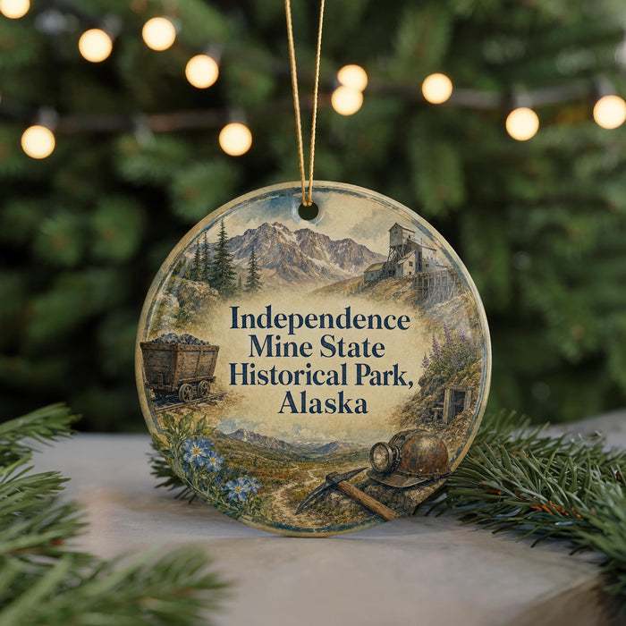 A round ornament with a scenic illustration of Independence Mine State Historical Park in Alaska, featuring a wagon, mountains, and pine trees.