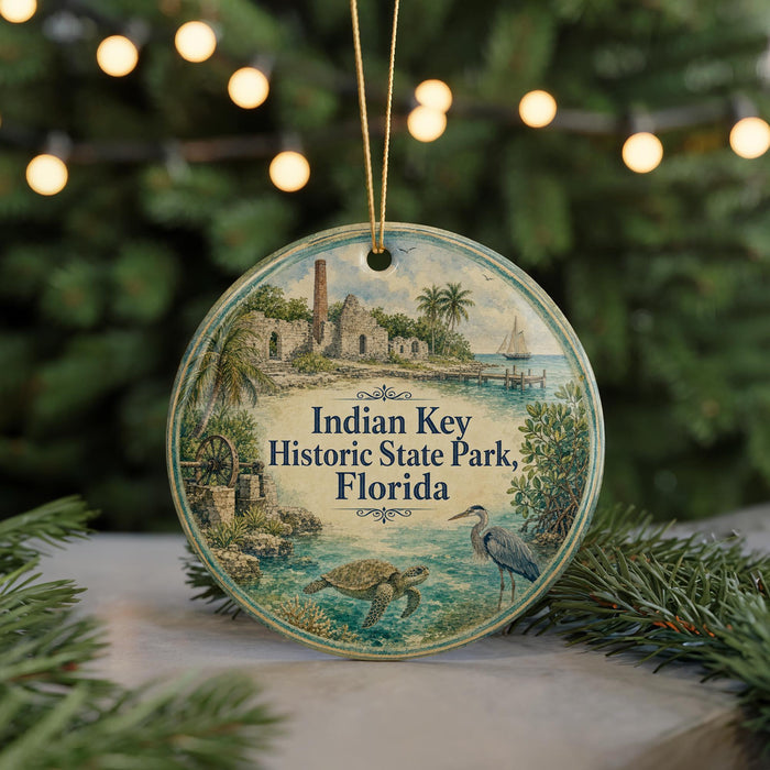 A circular ornament with a painting of a tropical island scene, featuring palm trees, a boat, and a bird, hangs in front of a Christmas tree with lights.