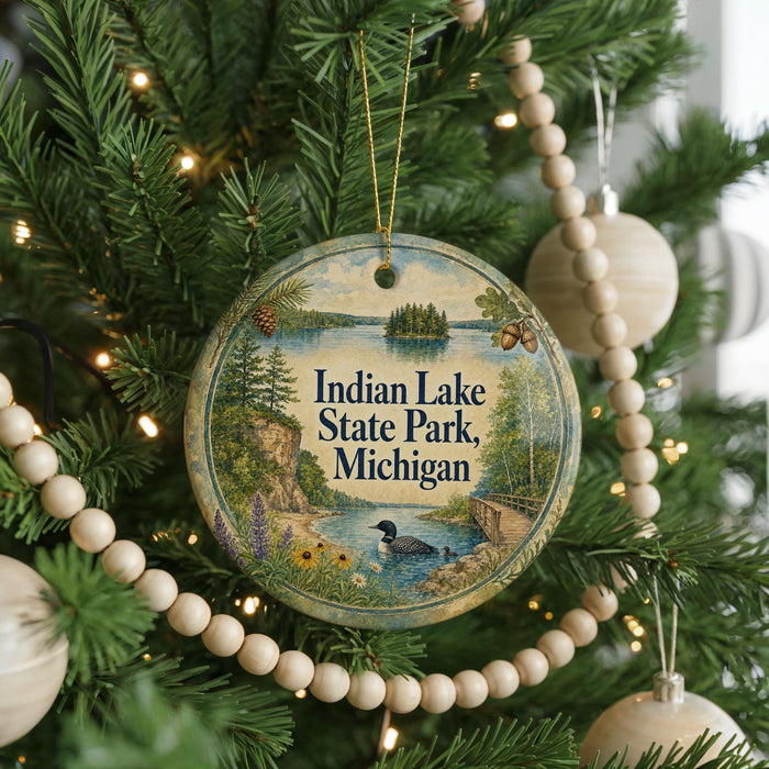 A round ornament hanging on a Christmas tree, featuring a scenic image of Indian Lake State Park, Michigan.