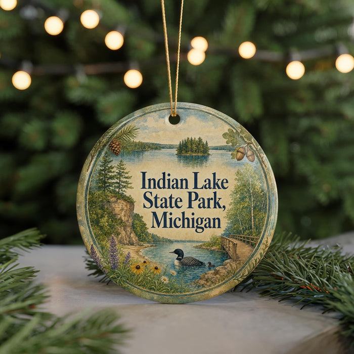 A round ornament with a scenic illustration of Indian Lake State Park, Michigan, featuring a lake, trees, and wildlife.