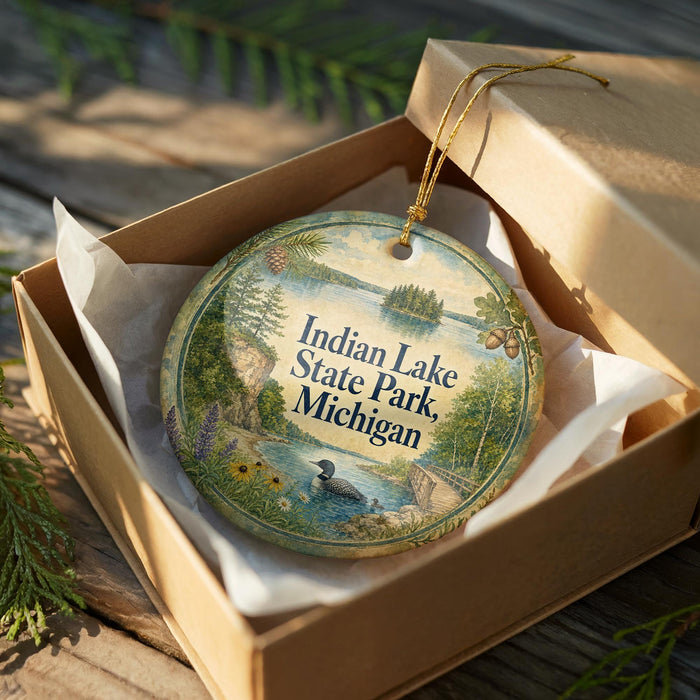 A decorative ornament in a brown box, featuring a scenic image of Indian Lake State Park in Michigan.
