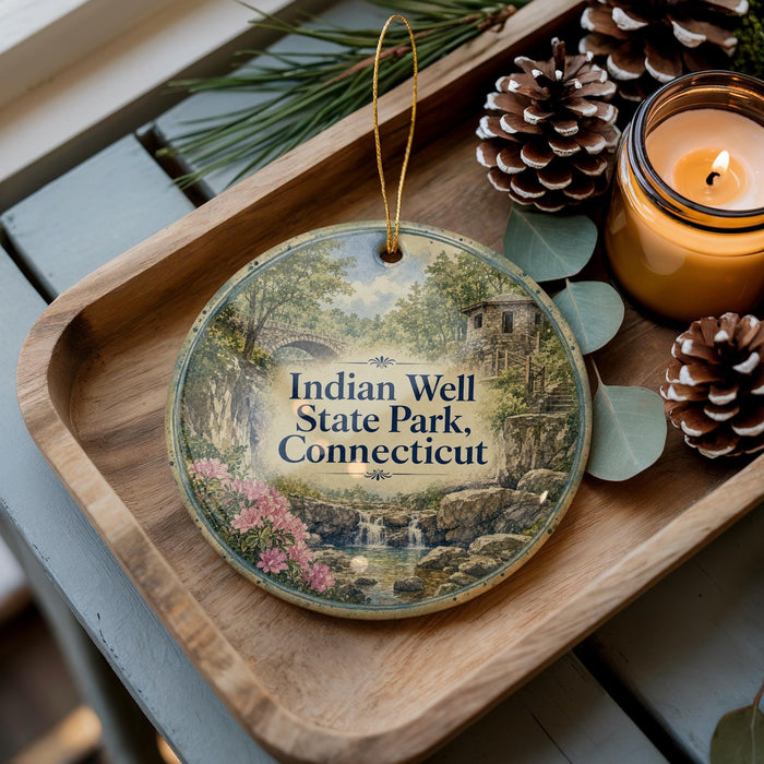 A wooden tray with a decorative ornament featuring a scenic image of Indian Well State Park in Connecticut, accompanied by pine cones and a lit candle.