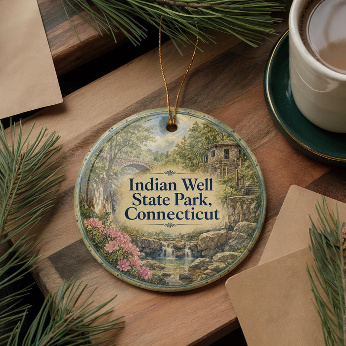 A decorative ornament featuring a scenic image of Indian Well State Park in Connecticut, surrounded by pine branches and a cup of coffee on a wooden surface.