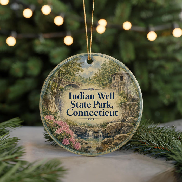 A circular ornament with a scenic image of Indian Well State Park, Connecticut, featuring a bridge, trees, and a waterfall.