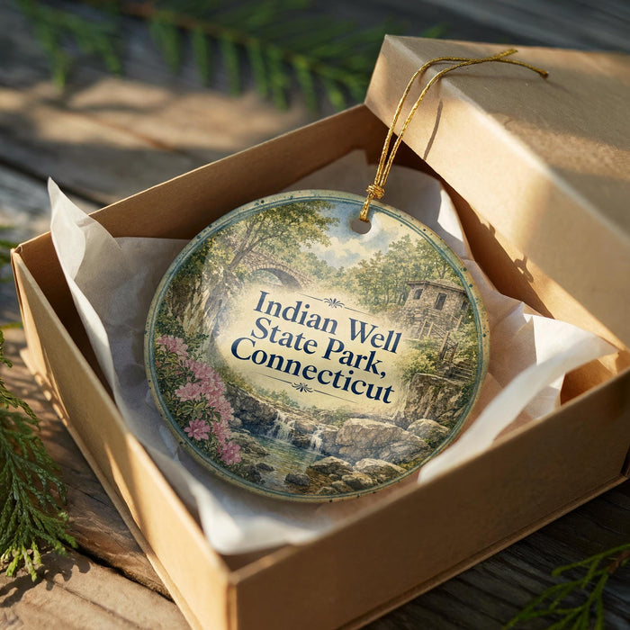 A circular ornament with a scenic landscape of Indian Well State Park, Connecticut, displayed in a wooden box with a gold string.